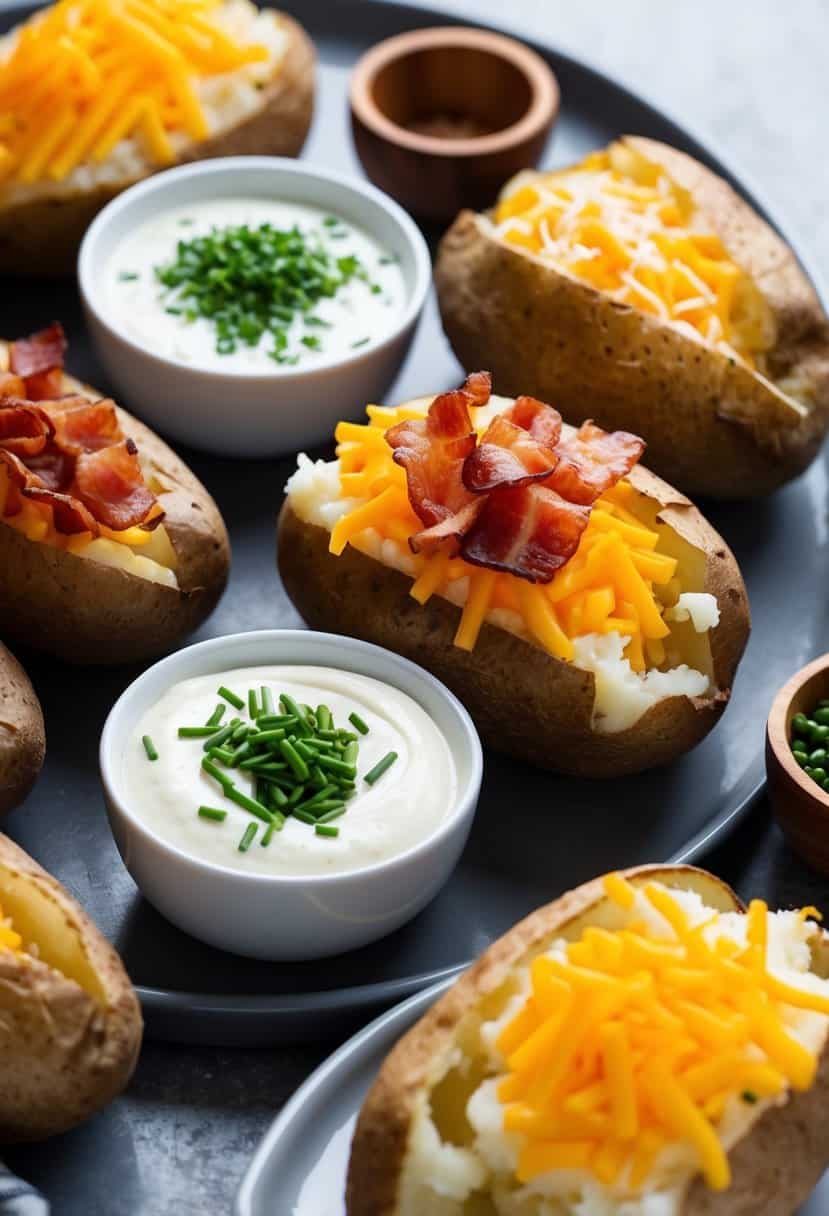 A table set with baked potatoes and an array of toppings, including cheese, bacon, sour cream, and chives