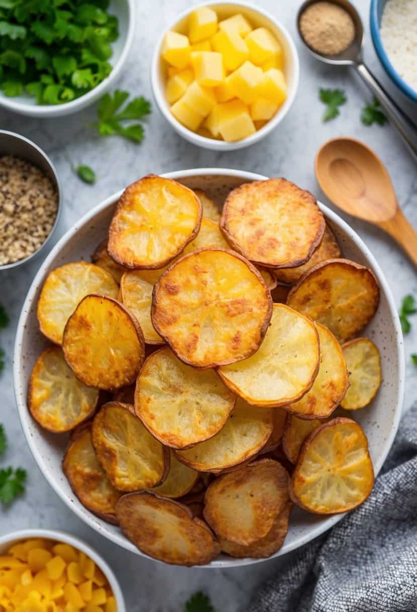 A pile of crispy baked potato chips surrounded by various ingredients and utensils for making potato recipes