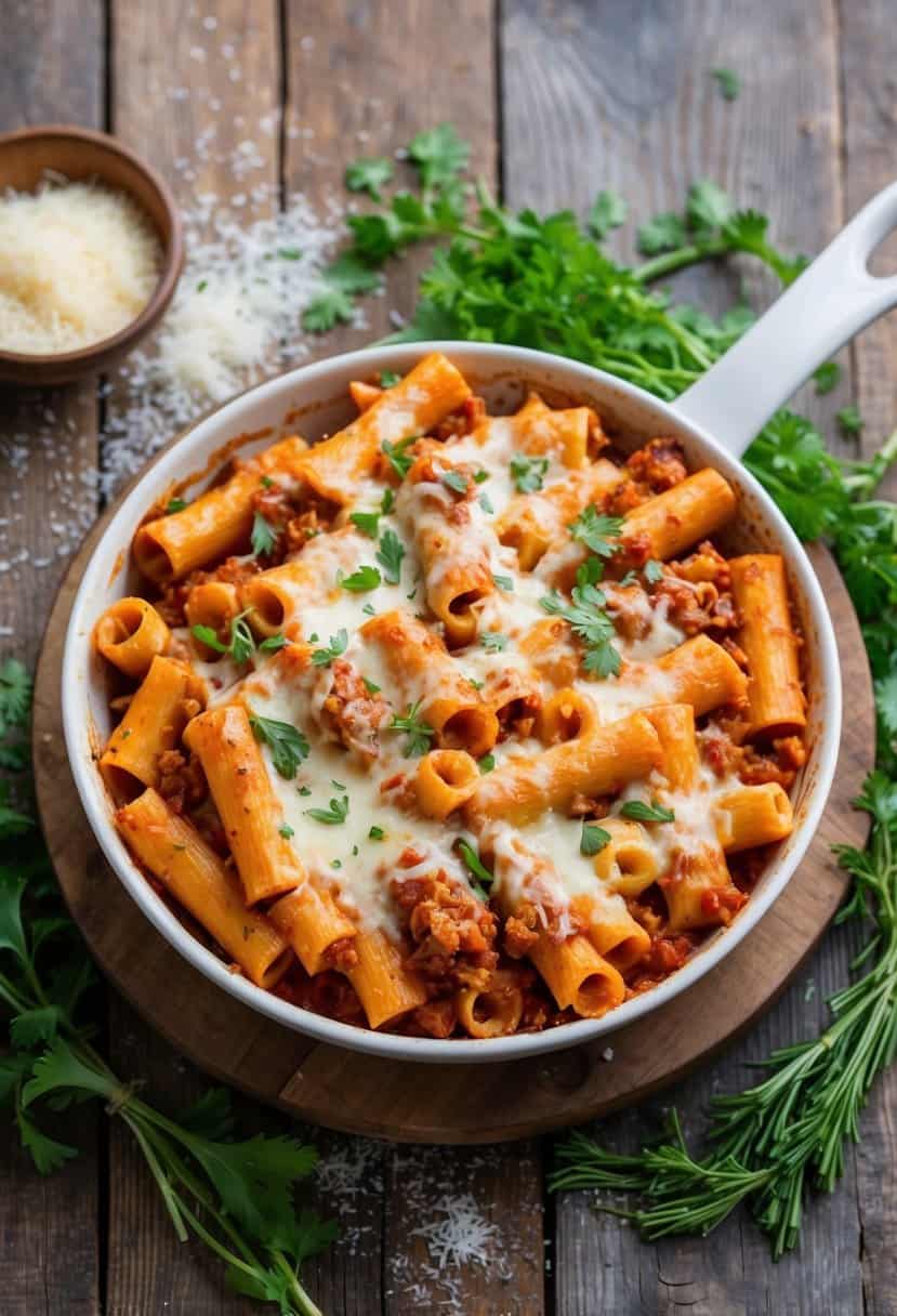 A steaming dish of baked ziti sits on a rustic wooden table, surrounded by fresh herbs and a scattering of grated cheese
