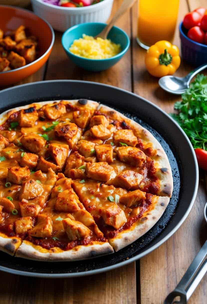 A sizzling BBQ chicken pizza sits on a wooden table surrounded by colorful ingredients and cooking utensils