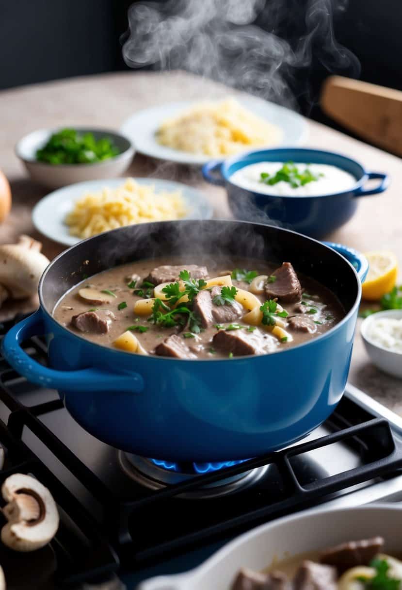 A steaming pot of beef stroganoff simmers on a stovetop, surrounded by ingredients like mushrooms, onions, and sour cream. A dinner table is set in the background