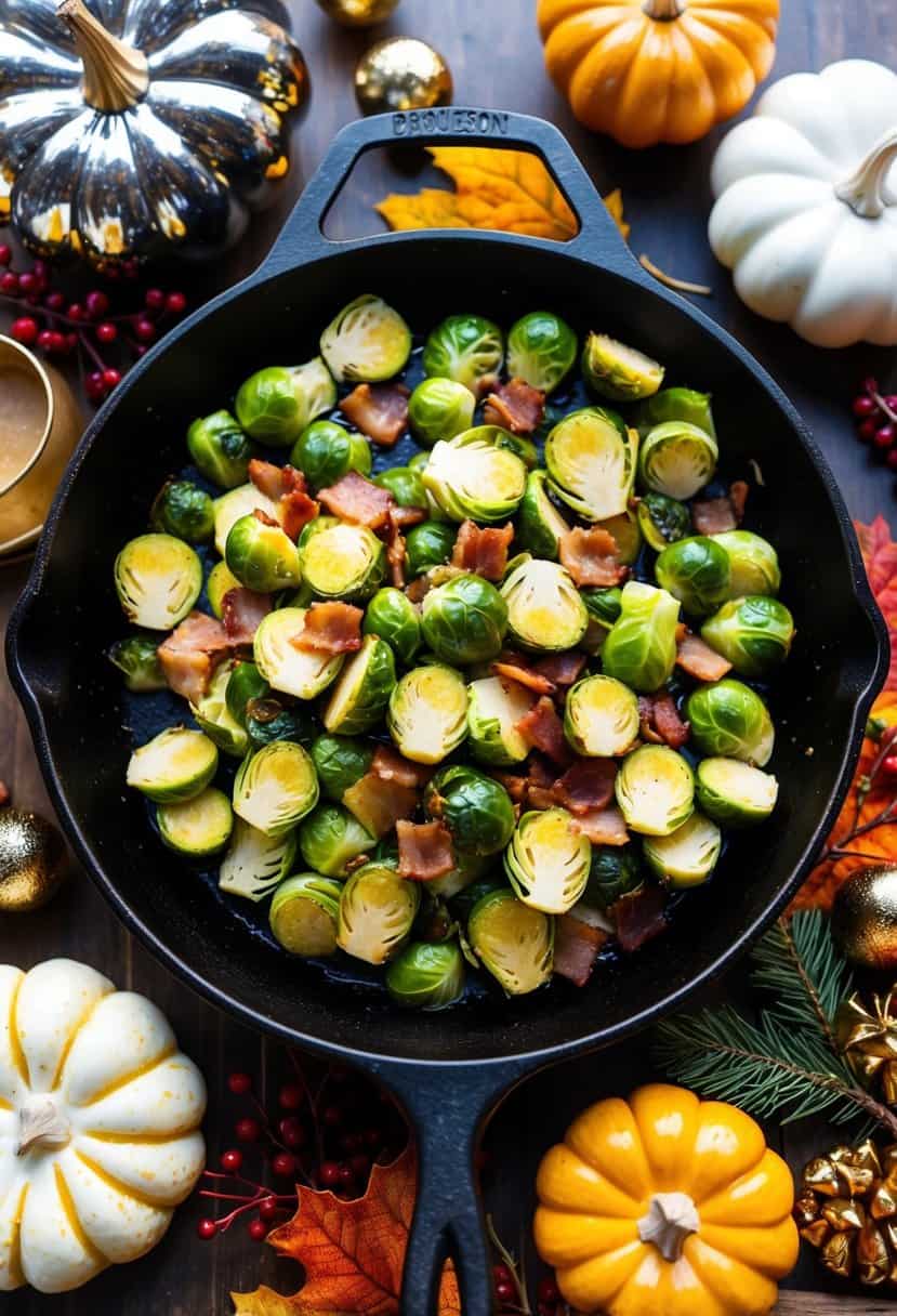 A sizzling skillet of Brussels sprouts and bacon, surrounded by festive Thanksgiving decor