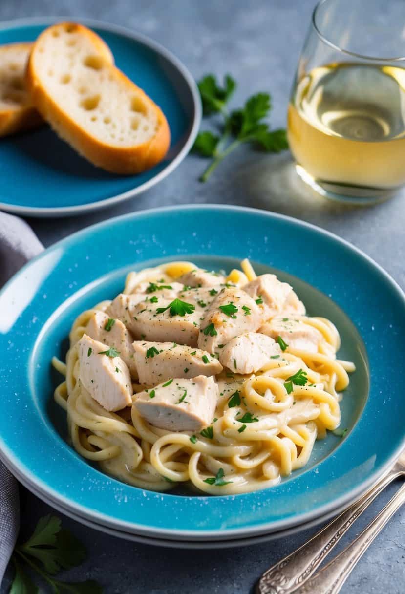 A steaming plate of creamy Chicken Alfredo with a sprinkle of parsley, accompanied by a side of garlic bread and a glass of white wine