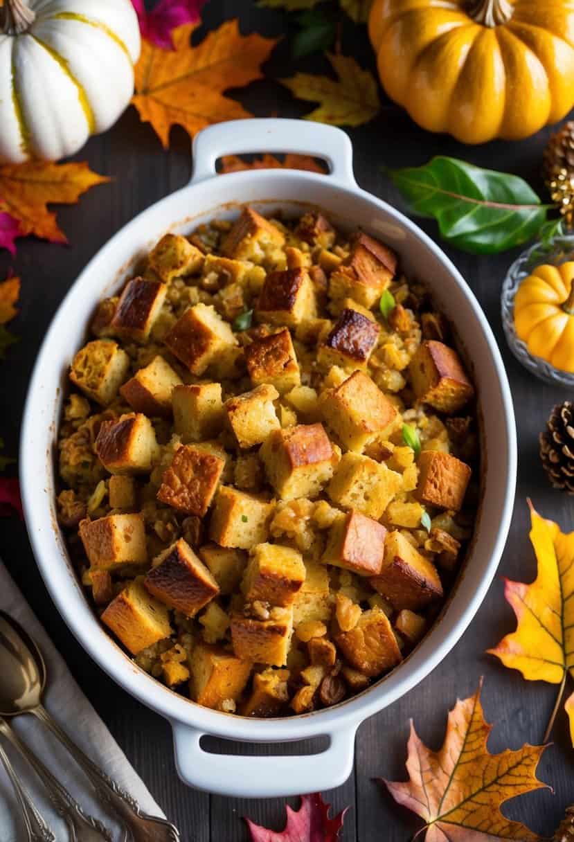 A table set with a golden-brown, steaming dish of classic Thanksgiving stuffing, surrounded by autumn leaves and festive decor
