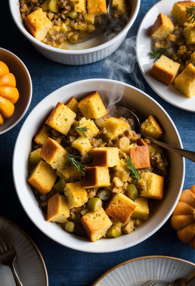 A table set with a steaming dish of cornbread dressing, surrounded by other Thanksgiving recipes