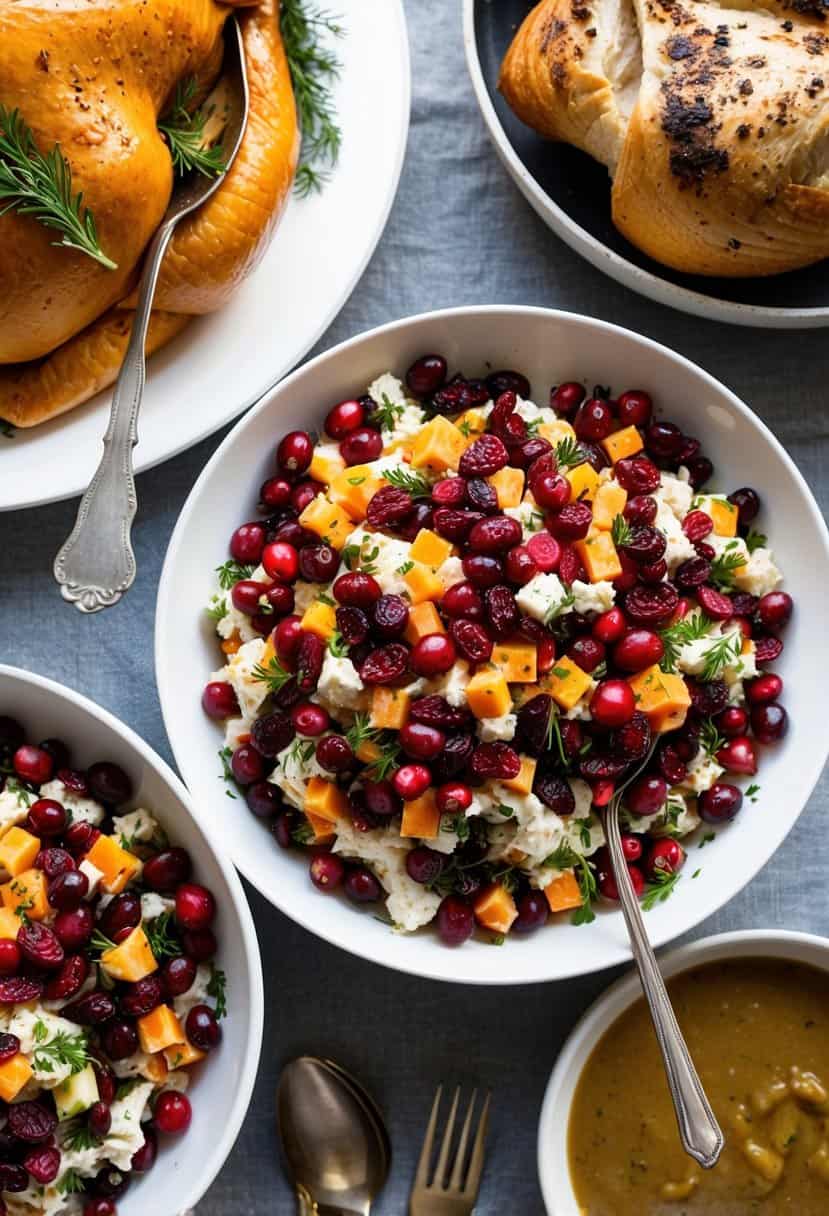 A table set with a vibrant cranberry salad surrounded by Thanksgiving dishes