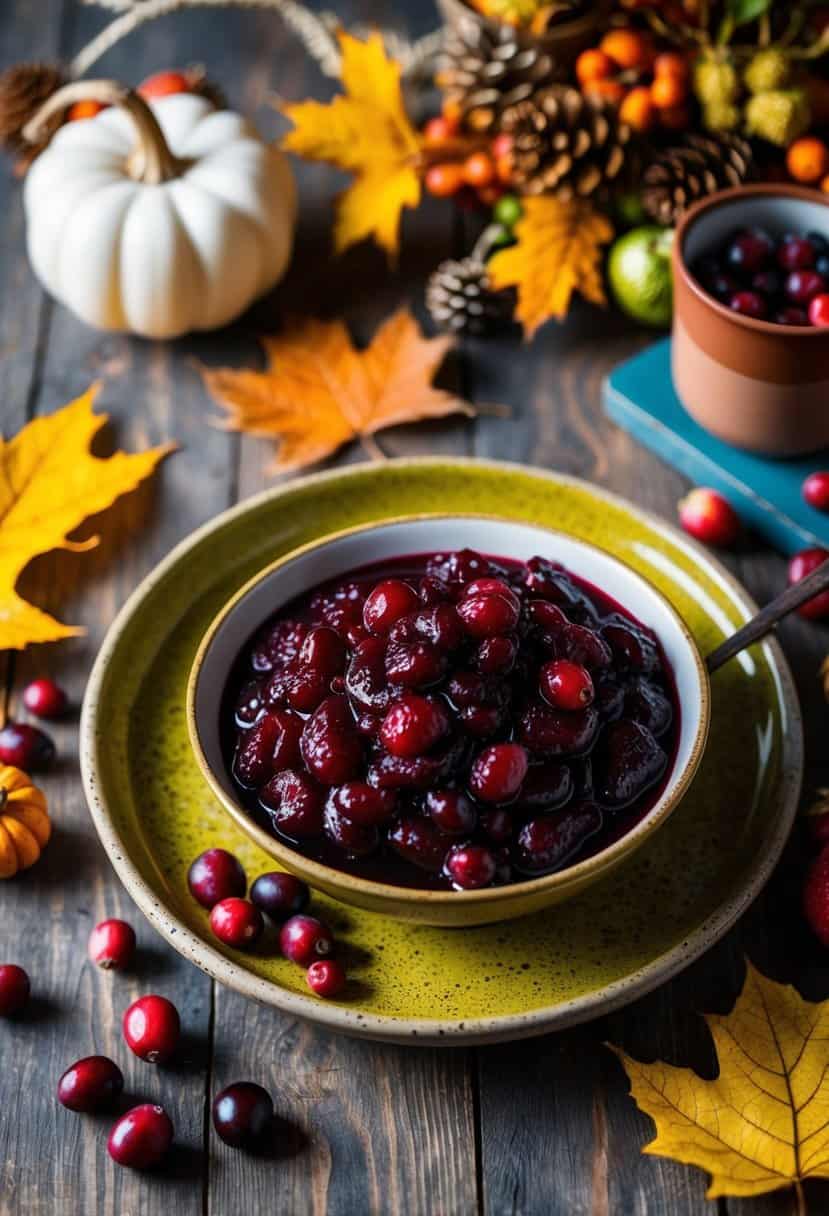 A rustic table setting with a colorful bowl of cranberry sauce surrounded by autumn leaves and seasonal decorations