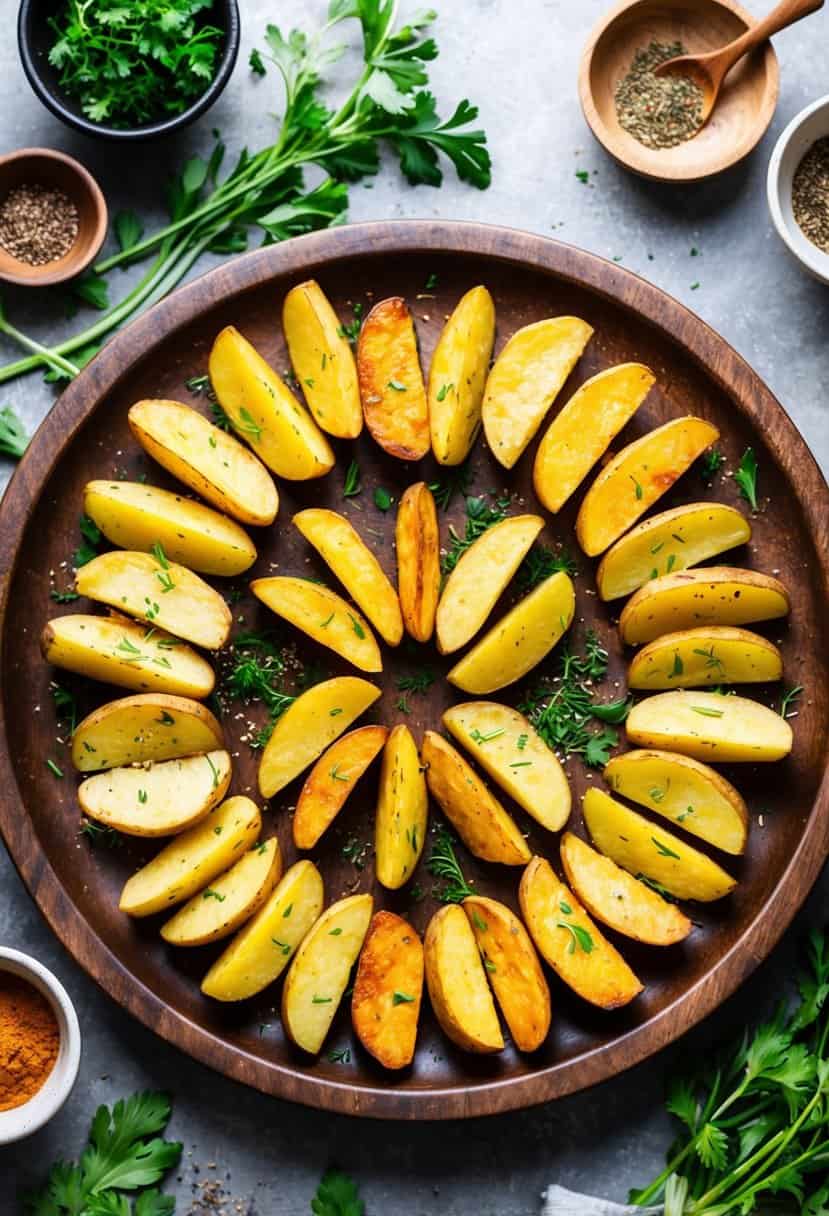 Golden potato wedges arranged in a circular pattern on a rustic wooden serving platter, surrounded by fresh herbs and spices