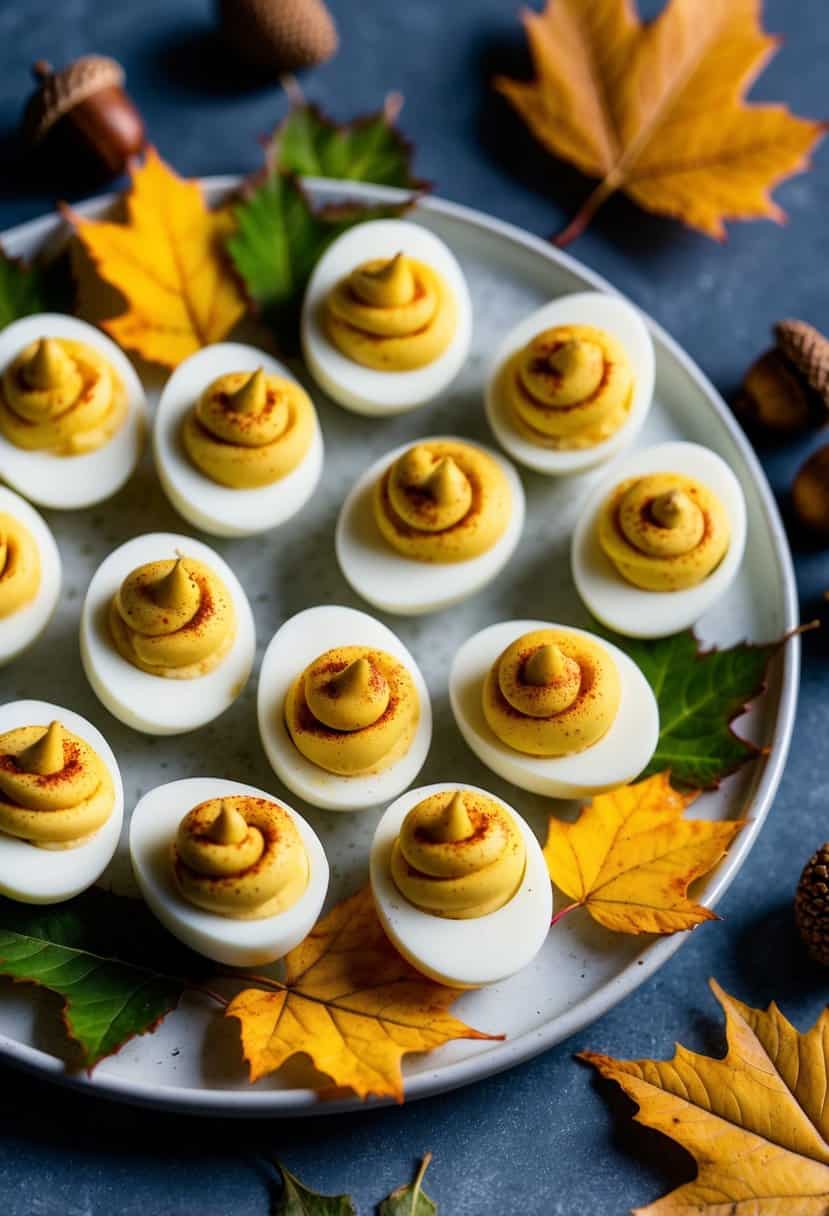 A platter of deviled eggs surrounded by autumn leaves and acorns