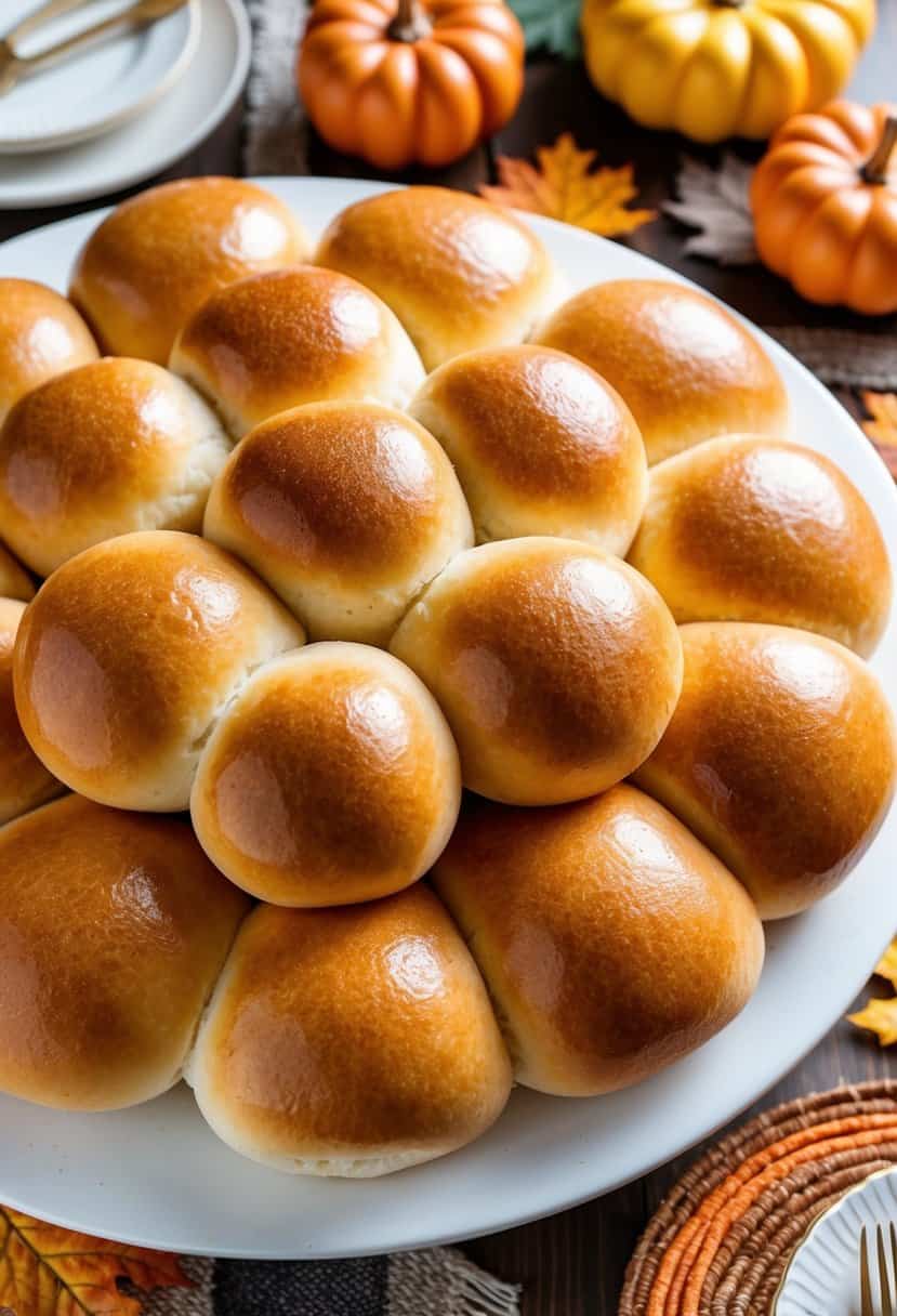 A table set with a platter of golden dinner rolls surrounded by autumn-themed decorations