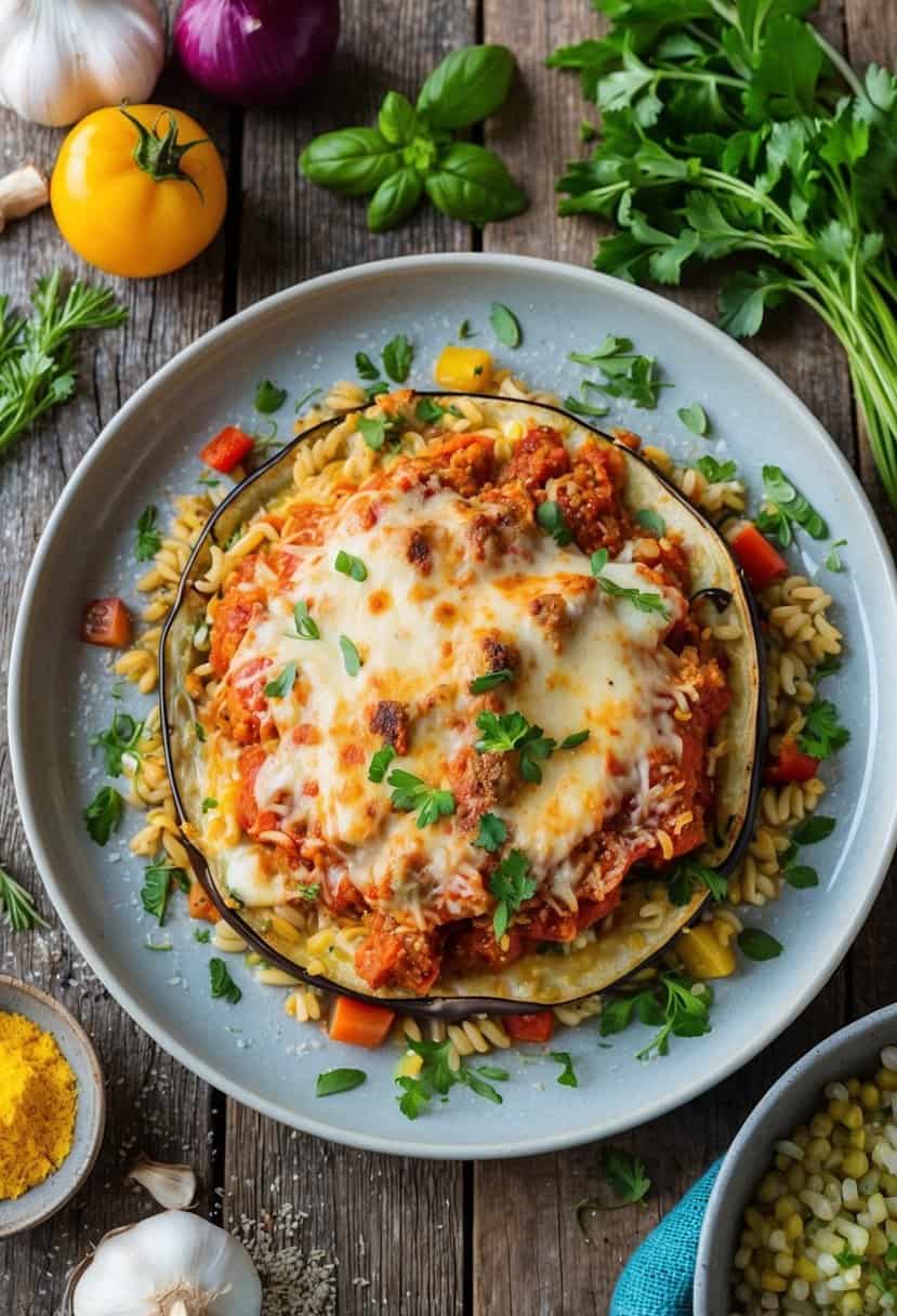 A steaming hot plate of eggplant parmesan surrounded by colorful ingredients and herbs on a rustic wooden table