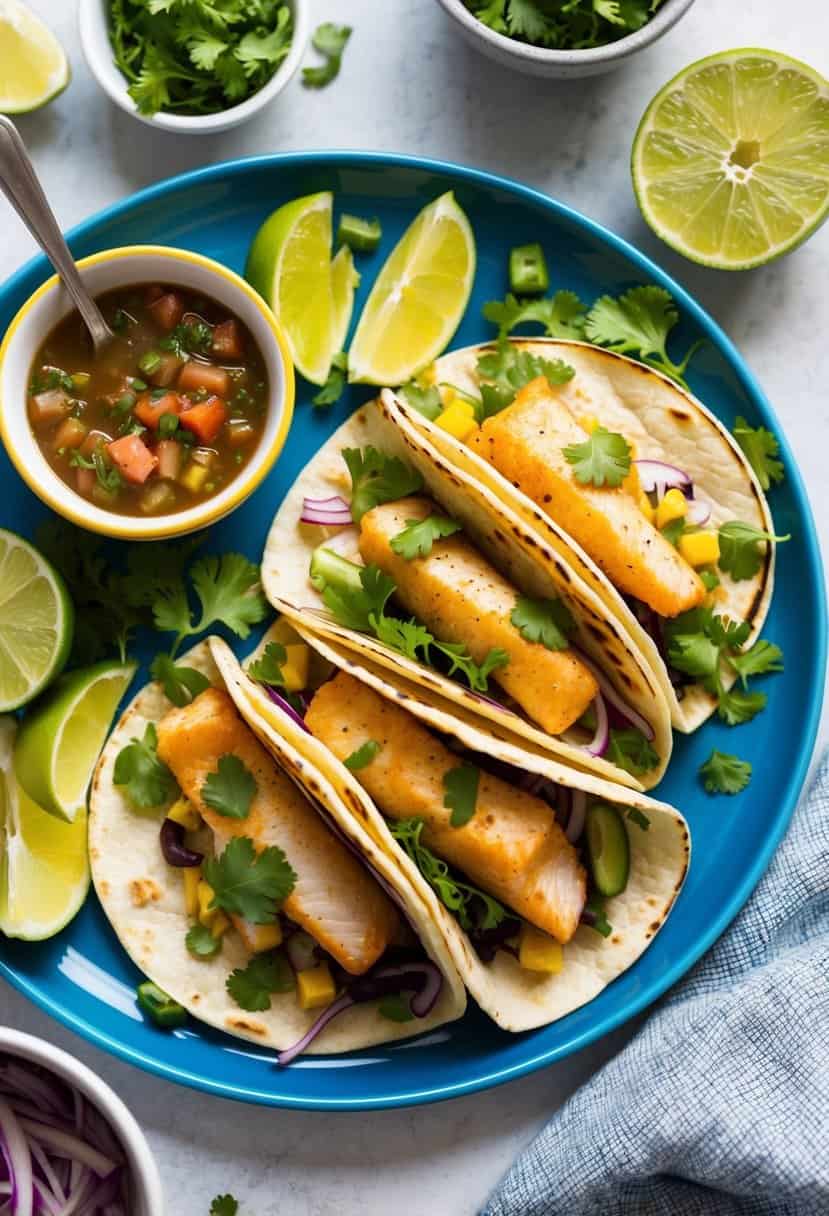 A colorful plate of fish tacos surrounded by fresh ingredients and a side of salsa