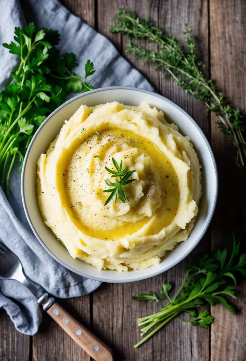 A bowl of creamy garlic mashed potatoes surrounded by fresh herbs and a sprinkle of black pepper on a rustic wooden table