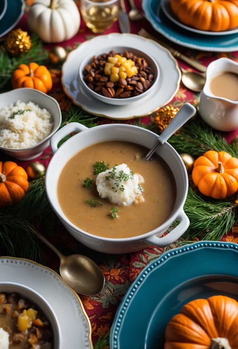 A festive Thanksgiving table with various dishes including a steaming bowl of gravy surrounded by traditional holiday decor