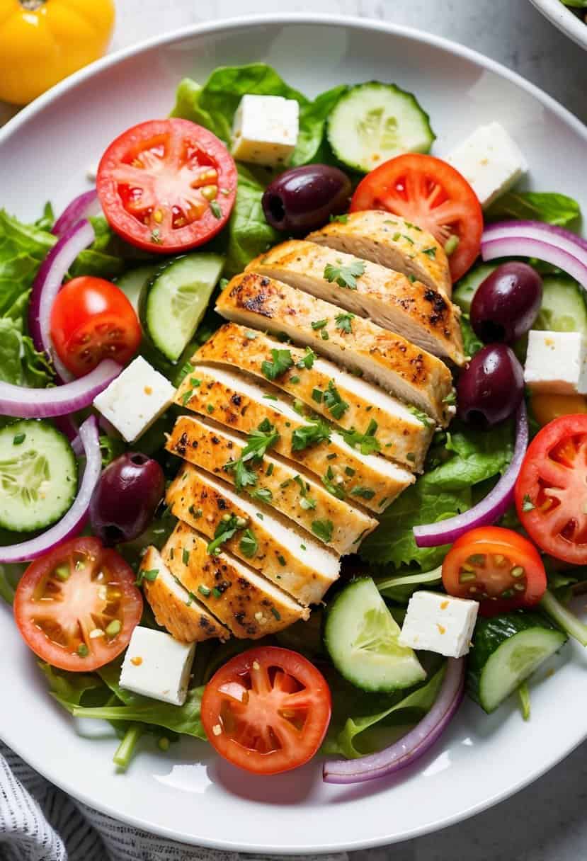 A colorful Greek salad with grilled chicken, feta cheese, tomatoes, cucumbers, olives, and red onions arranged on a white plate