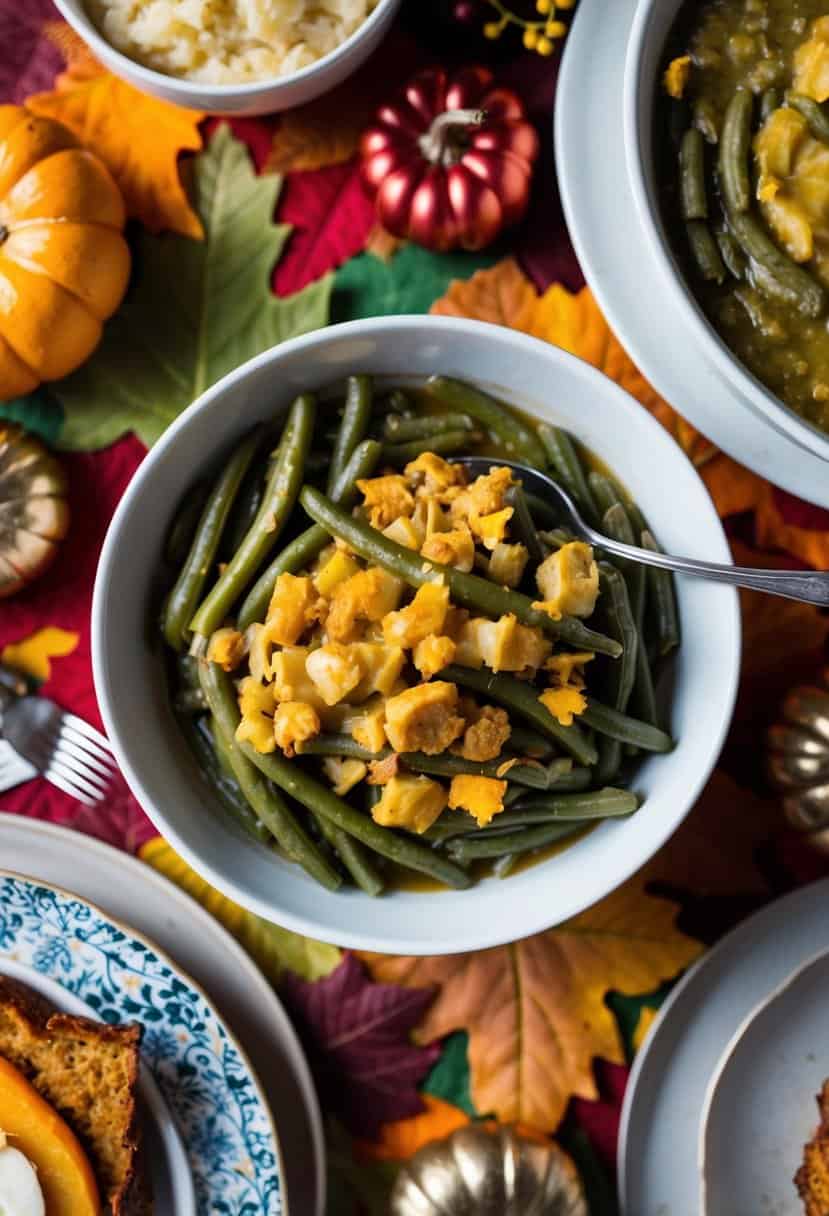 A steaming green bean casserole sits on a festive Thanksgiving table surrounded by other dishes and fall decorations