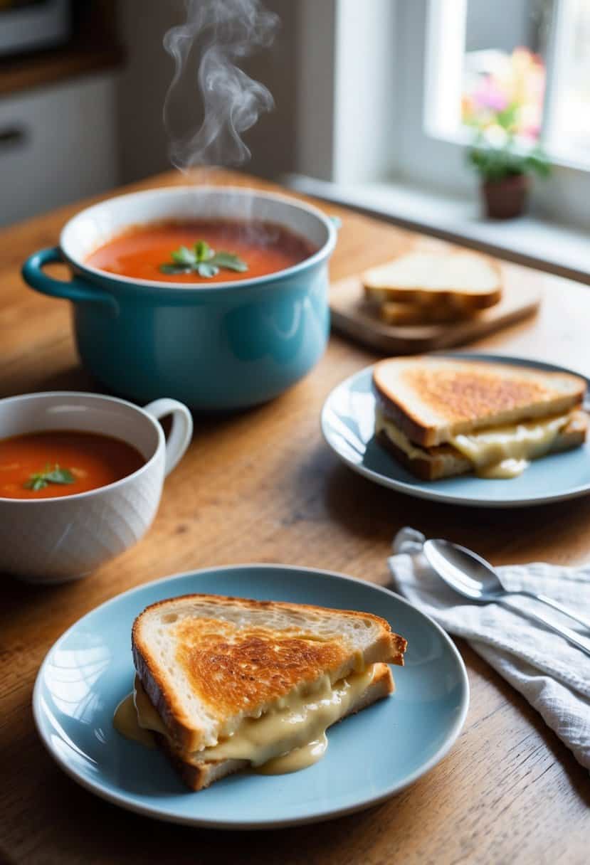 A cozy kitchen table set with a steaming bowl of tomato soup and a gooey grilled cheese sandwich on a plate