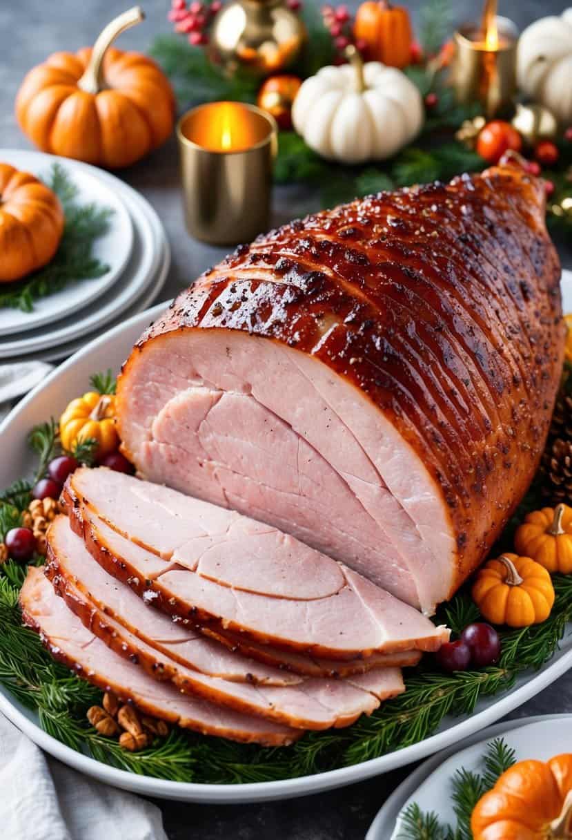 A succulent honey glazed ham surrounded by festive Thanksgiving decorations