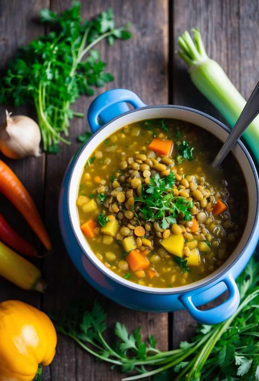 A steaming pot of lentil soup surrounded by colorful vegetables and herbs on a rustic wooden table
