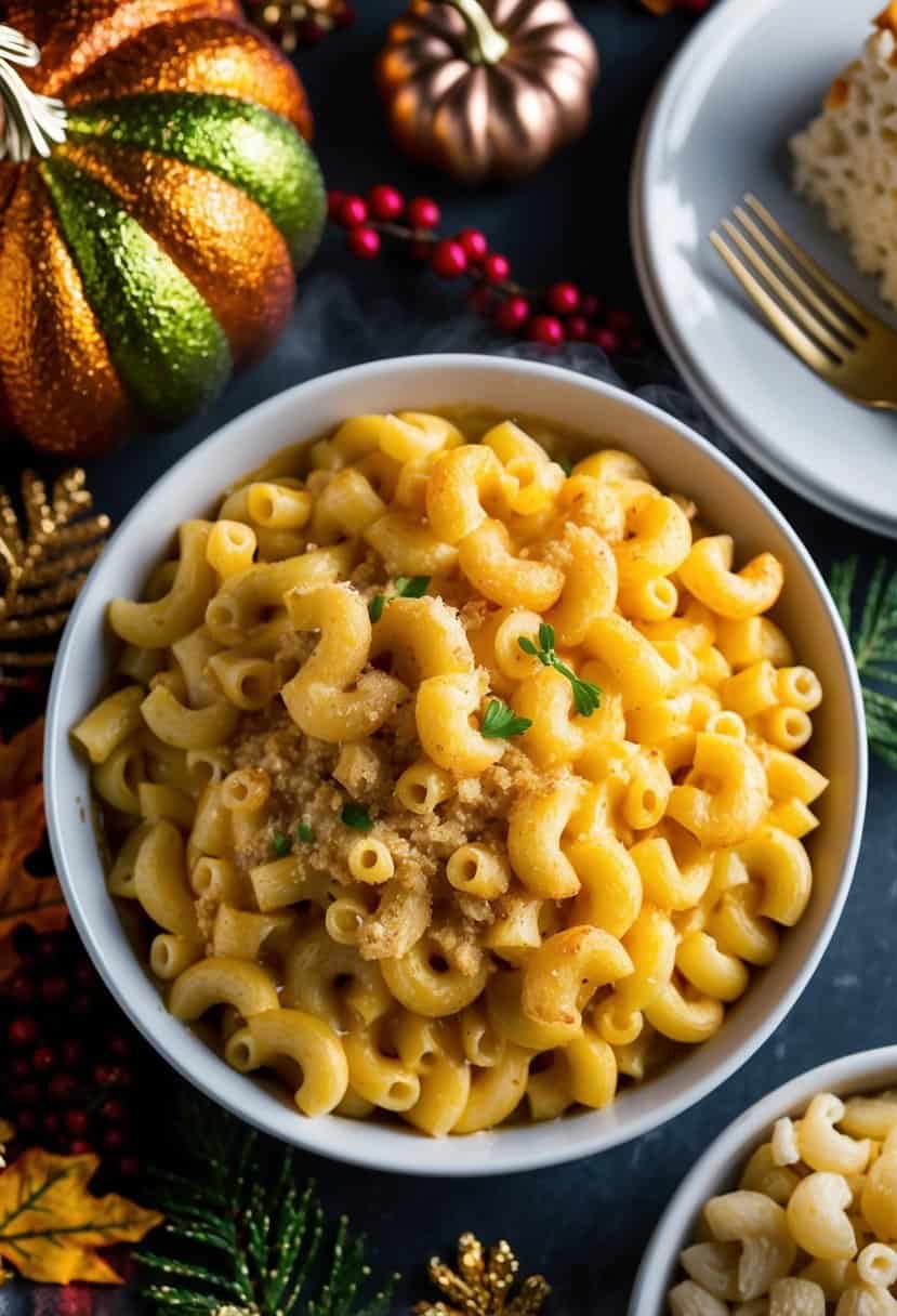 A steaming dish of macaroni and cheese surrounded by festive Thanksgiving decorations and other delicious holiday recipes