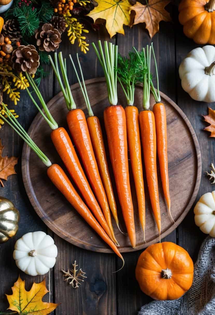 Maple-glazed carrots on a rustic wooden platter surrounded by fall foliage and seasonal decor