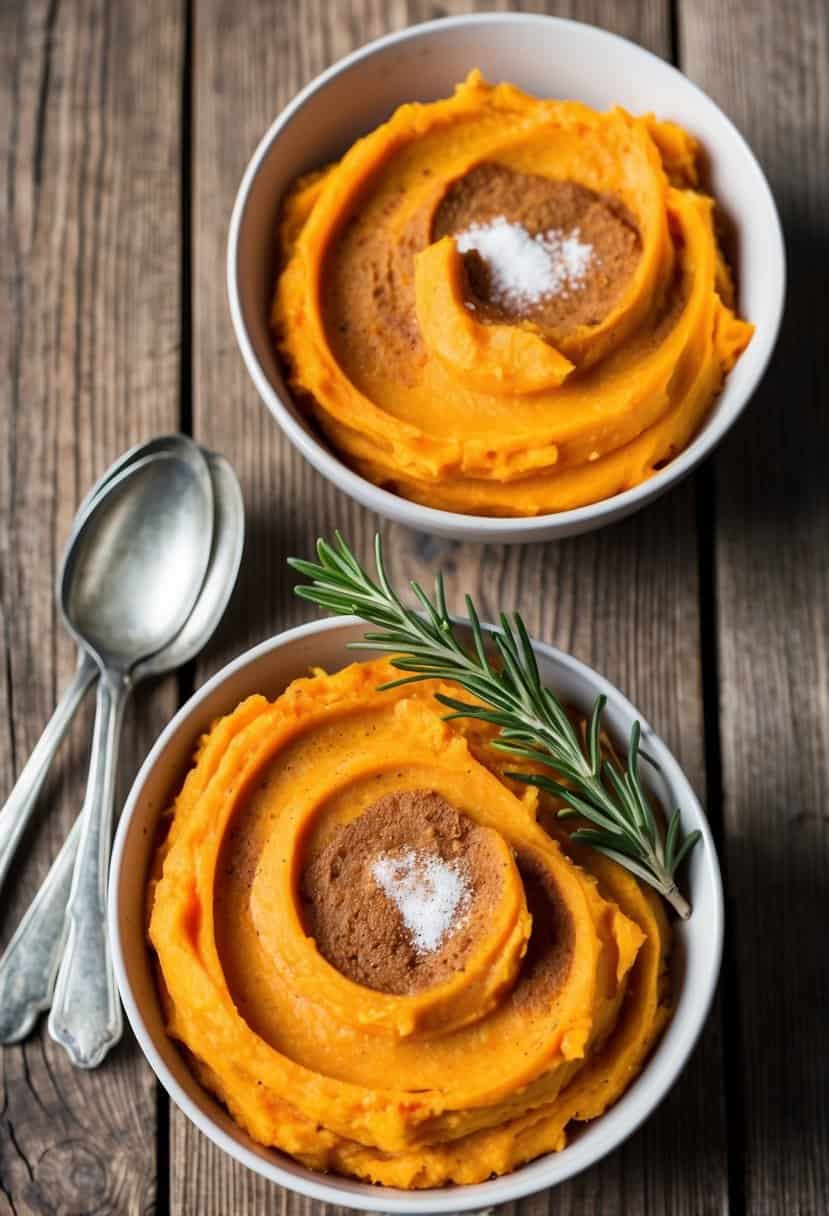 A rustic wooden table set with a bowl of creamy mashed sweet potatoes, garnished with a sprinkle of cinnamon and a sprig of fresh rosemary