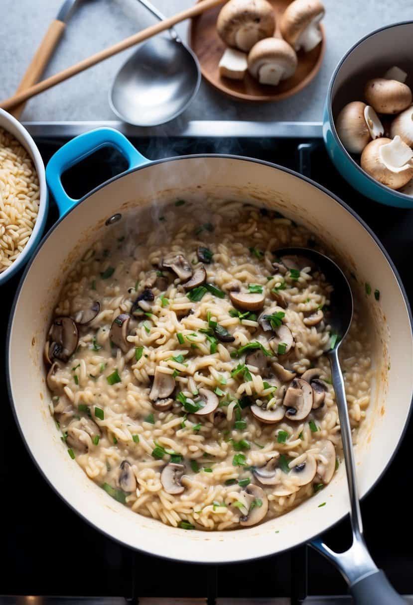 A steaming pot of creamy mushroom risotto simmers on a stovetop, surrounded by ingredients like arborio rice, mushrooms, and a ladle