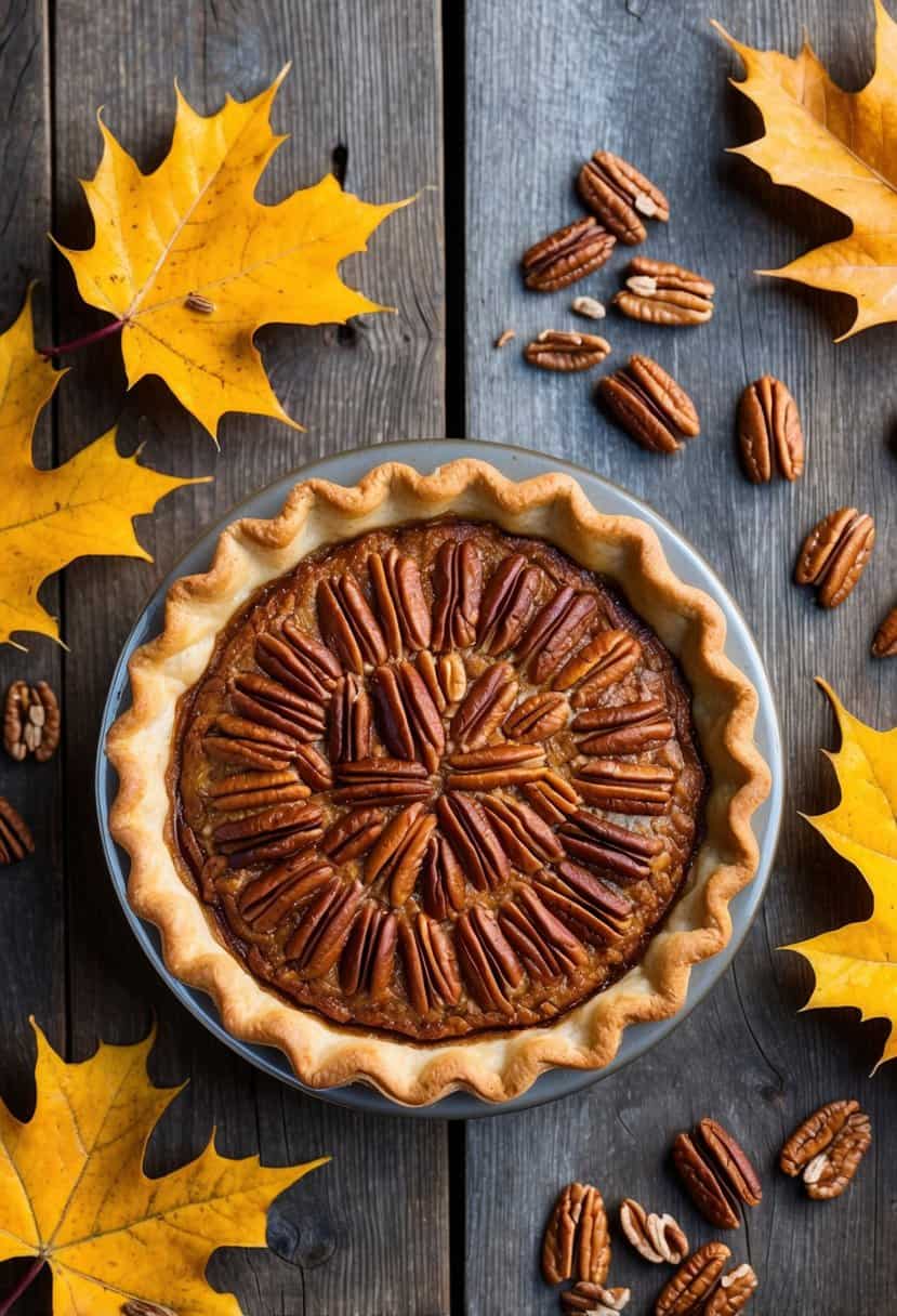 A golden-brown pecan pie sits on a rustic wooden table, surrounded by autumn leaves and a scattering of pecans