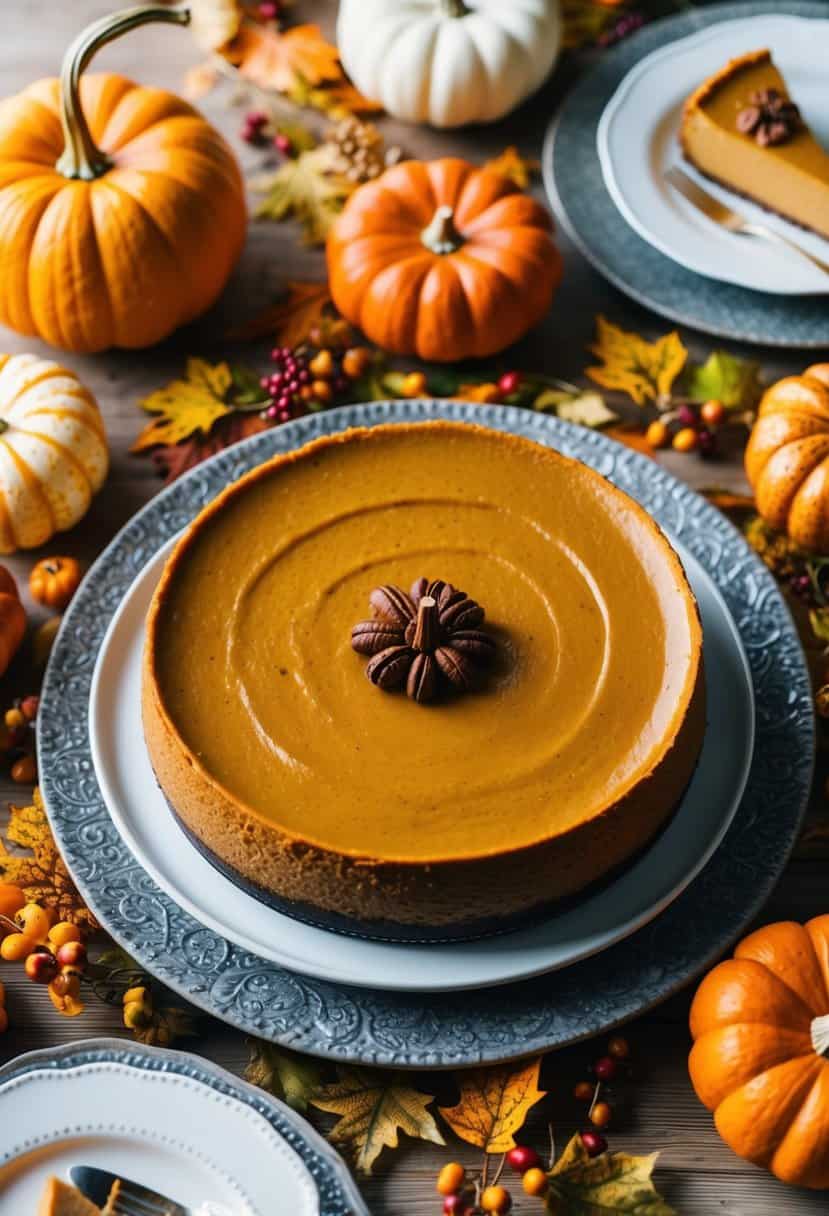 A festive Thanksgiving table with a decadent pumpkin cheesecake as the centerpiece, surrounded by autumnal decorations and other delicious dishes