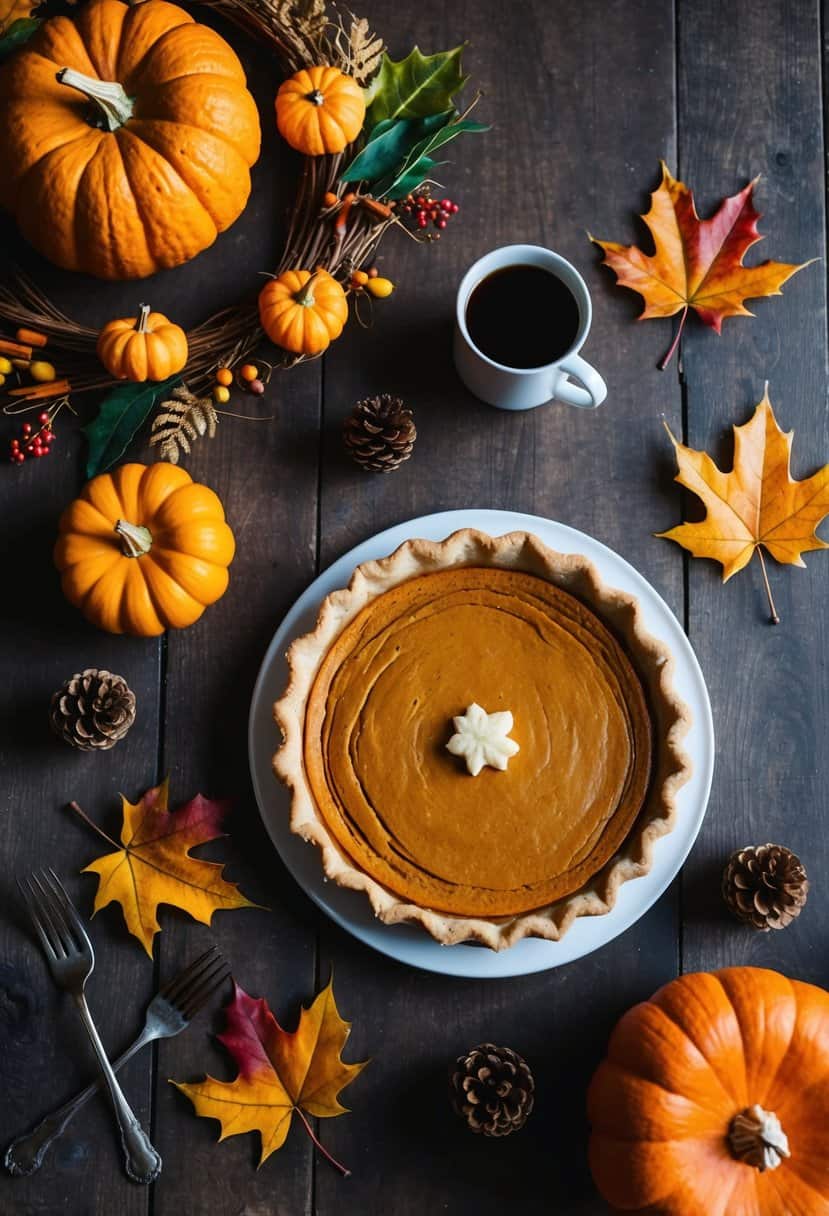 A rustic table set with a freshly baked pumpkin pie surrounded by autumn leaves and seasonal decorations
