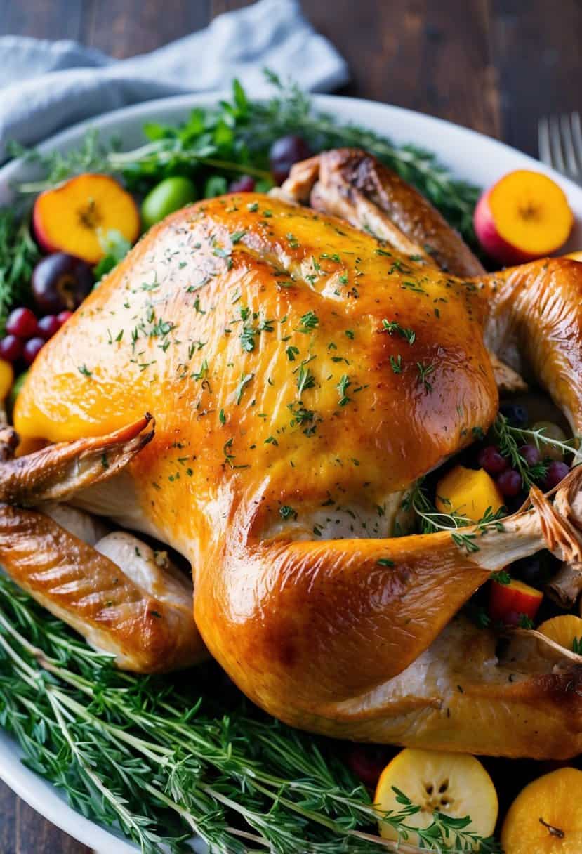 A golden-brown roast turkey glistening with herb-infused butter, surrounded by sprigs of fresh herbs and garnished with seasonal fruits and vegetables