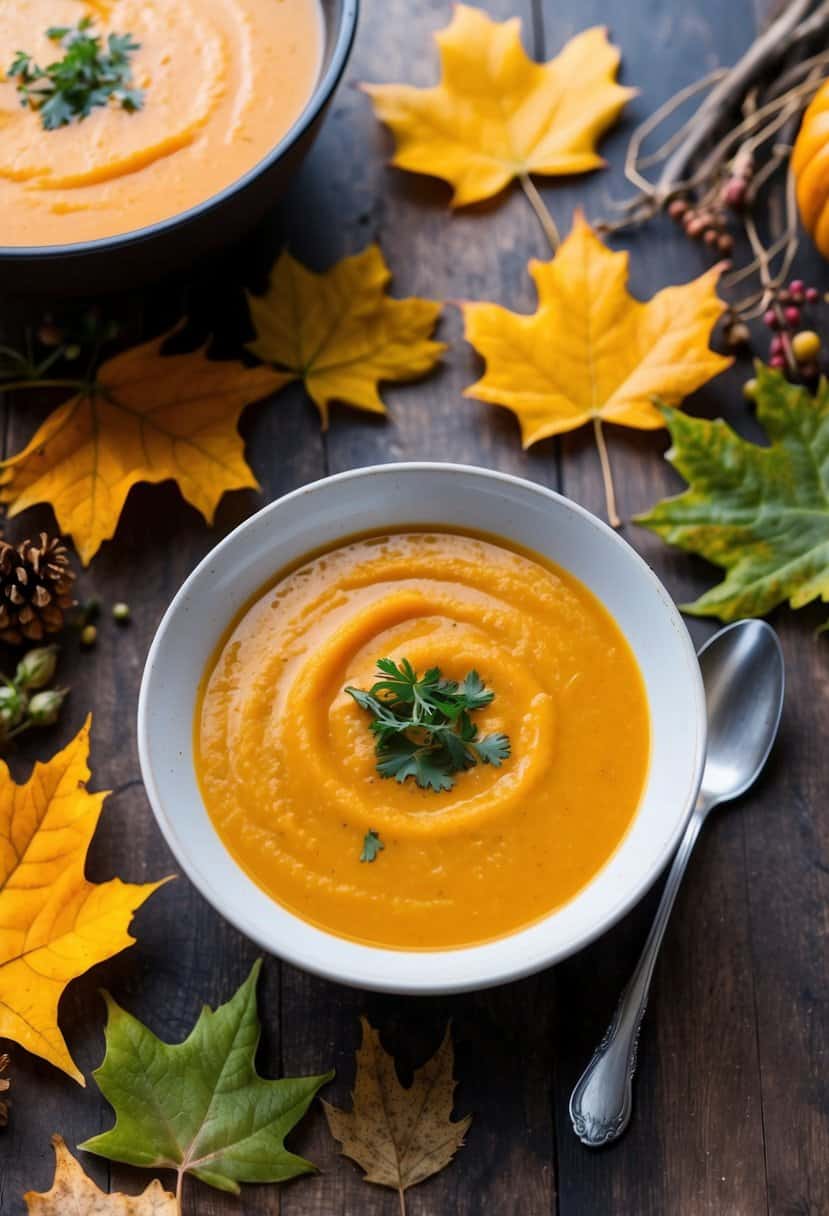 A steaming bowl of butternut squash soup surrounded by autumn leaves and a rustic Thanksgiving table setting