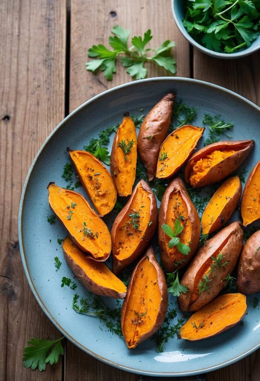 A rustic wooden table adorned with a platter of golden-brown roasted sweet potatoes, garnished with fresh herbs and spices