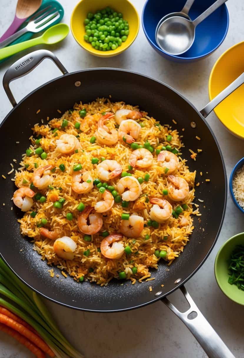 A sizzling wok filled with shrimp fried rice, surrounded by colorful ingredients and cooking utensils on a kitchen counter