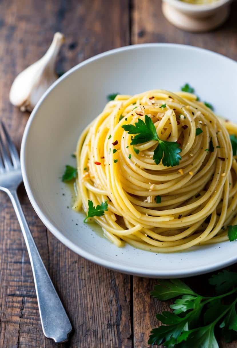 A steaming plate of spaghetti with garlic, olive oil, and red pepper flakes, garnished with fresh parsley, sits on a rustic wooden table