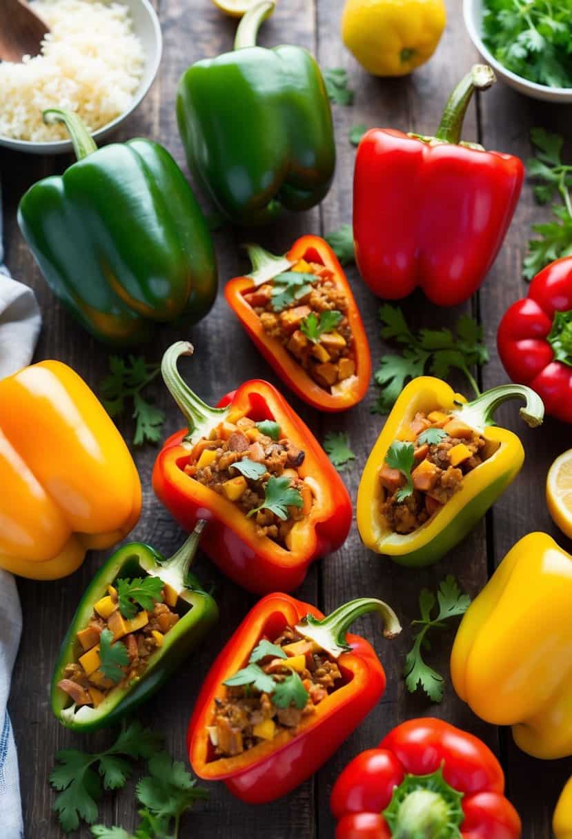 A colorful array of bell peppers, filled with a savory mixture, arranged on a rustic wooden table surrounded by fresh ingredients