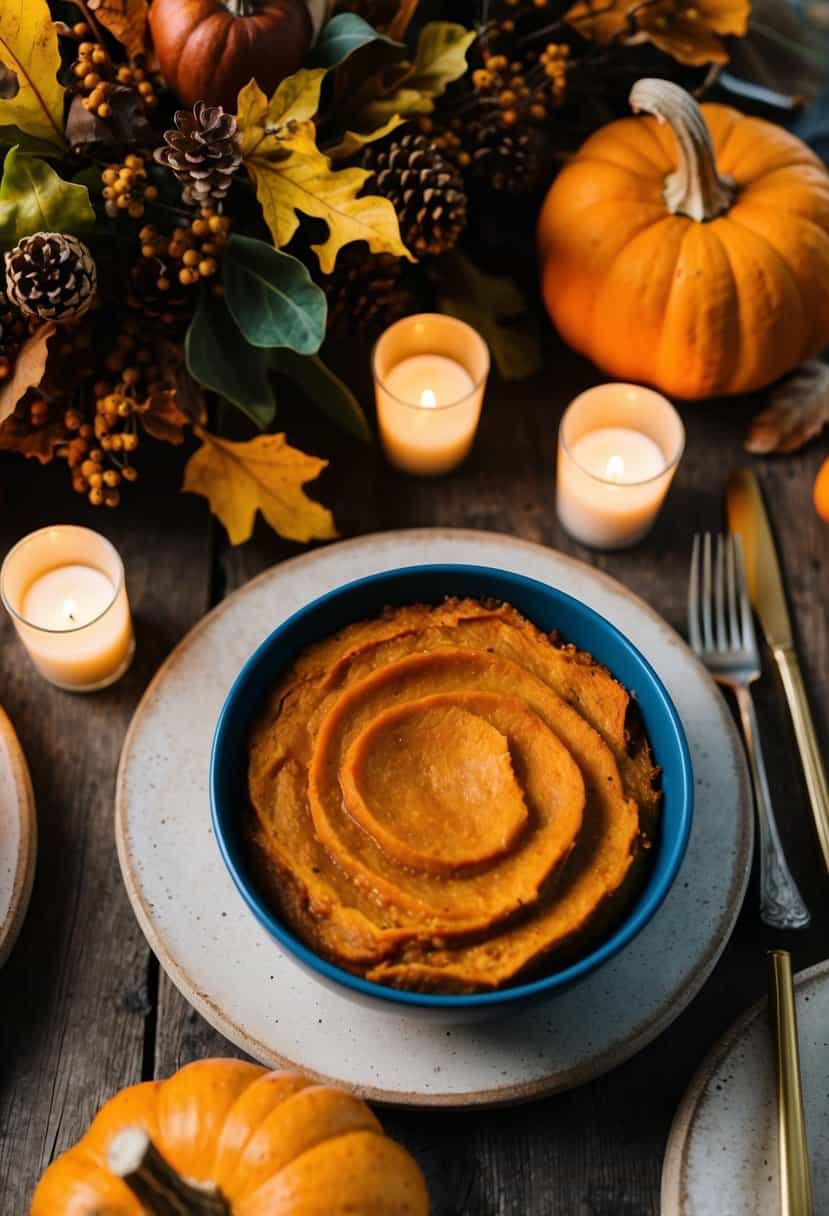 A rustic Thanksgiving table spread with sweet potato casserole, surrounded by autumn foliage and glowing candlelight