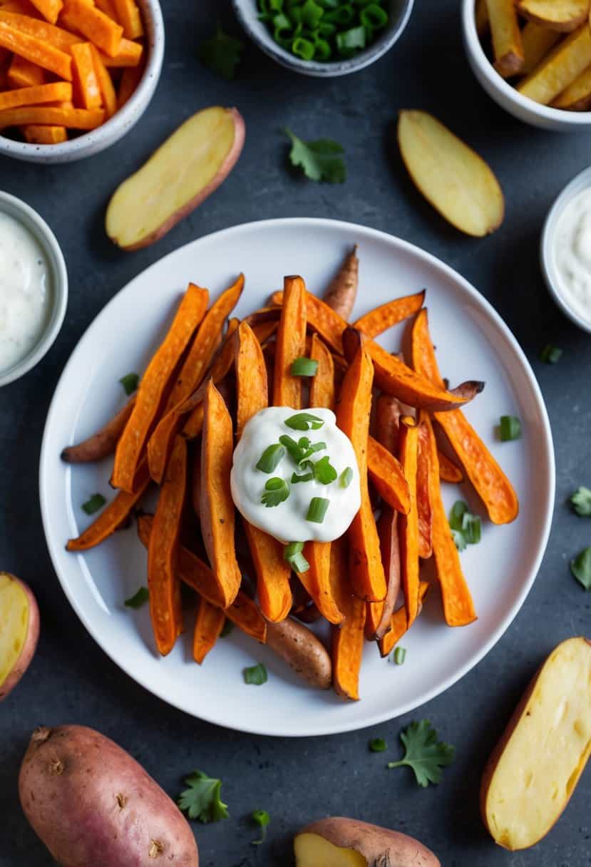 A plate of sweet potato fries surrounded by various potato recipes