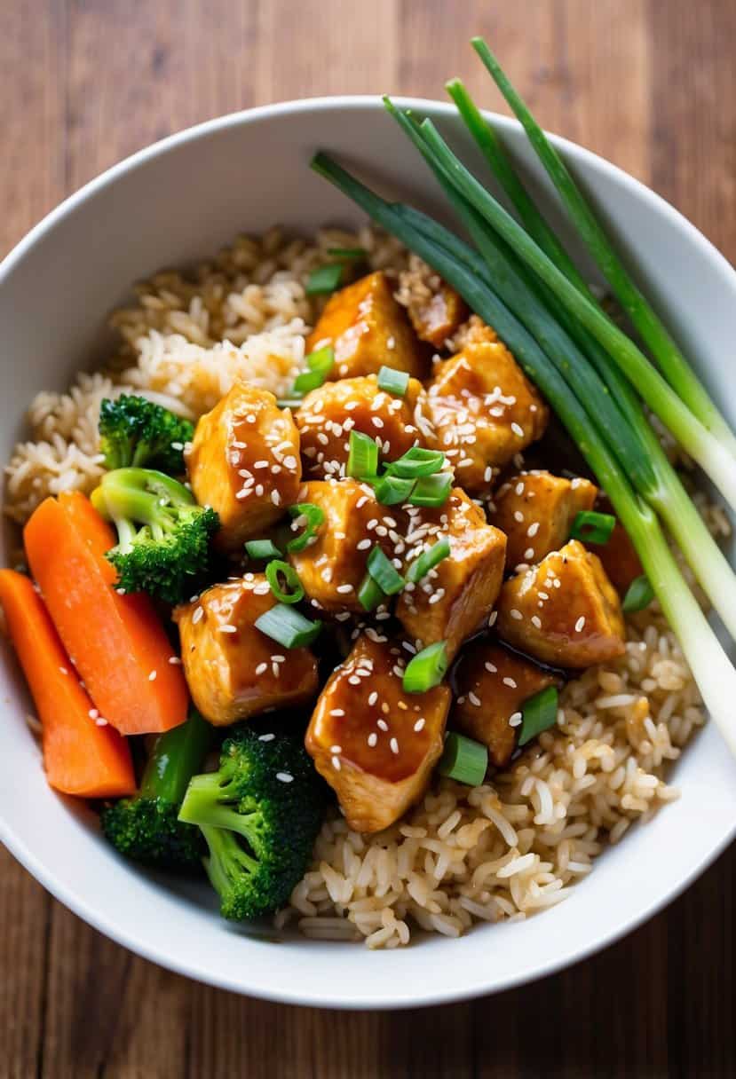 A steaming bowl of teriyaki chicken, rice, and vegetables, garnished with sesame seeds and green onions, sits on a wooden table