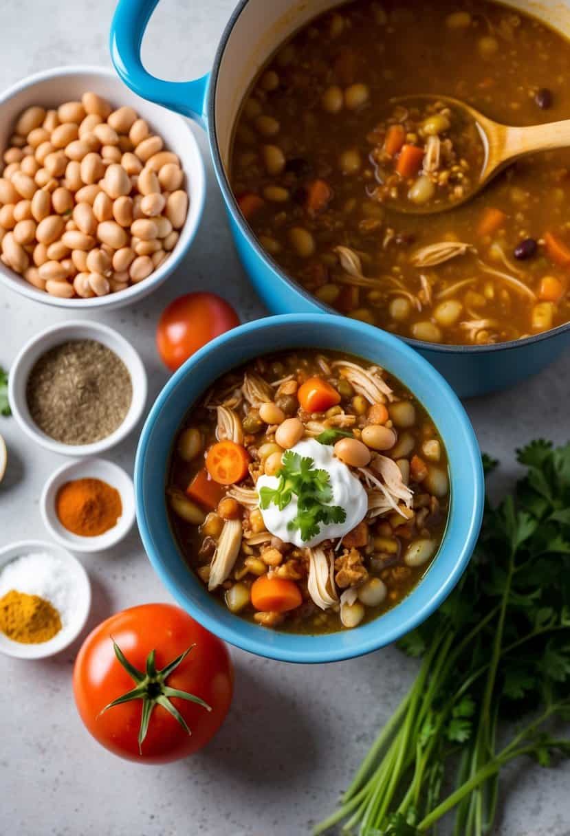 A pot of bubbling turkey chili surrounded by various inexpensive ingredients like beans, tomatoes, and spices on a kitchen counter