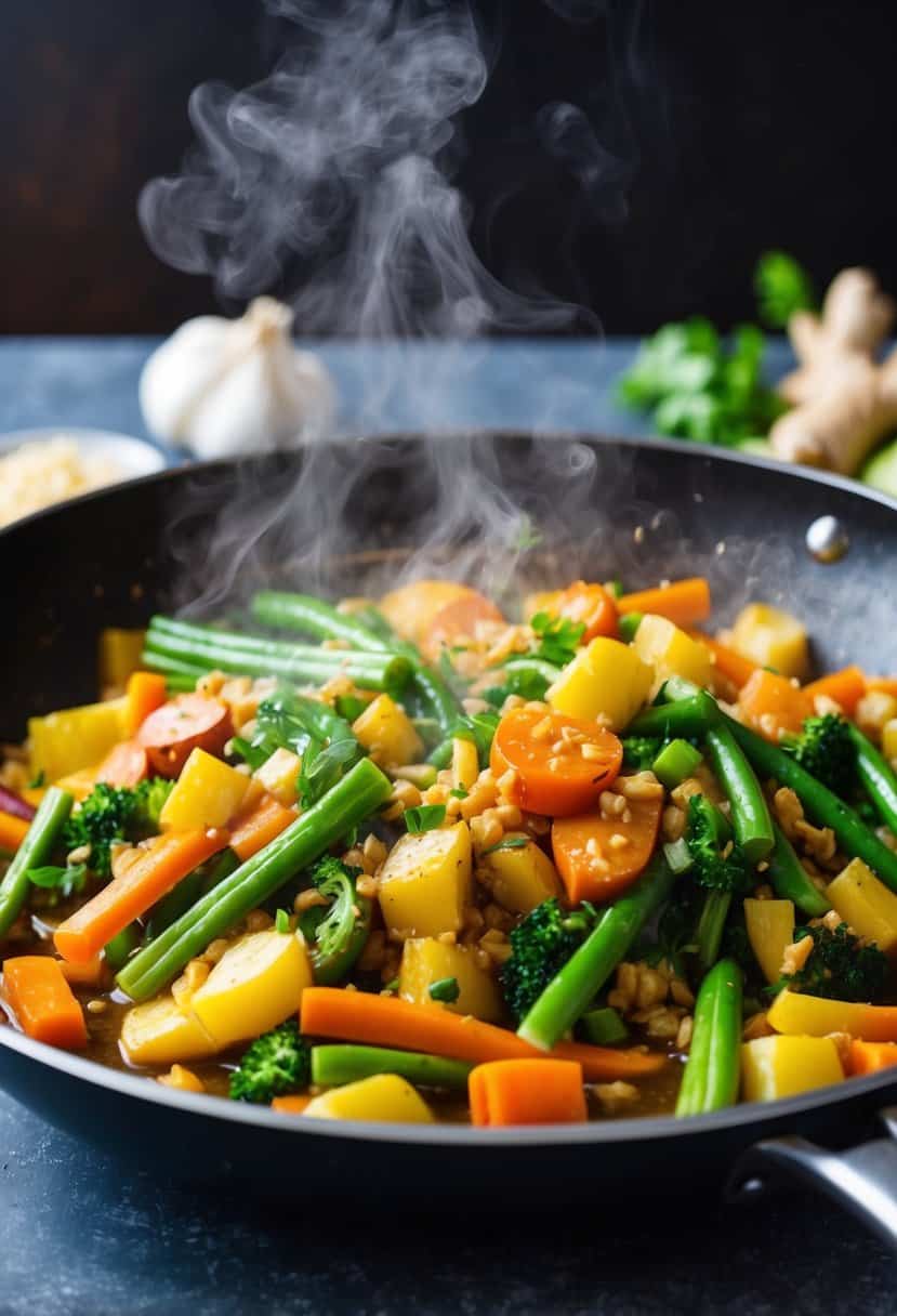 A sizzling pan filled with colorful veggies being tossed in a savory sauce, steam rising as the aroma of garlic and ginger fills the air