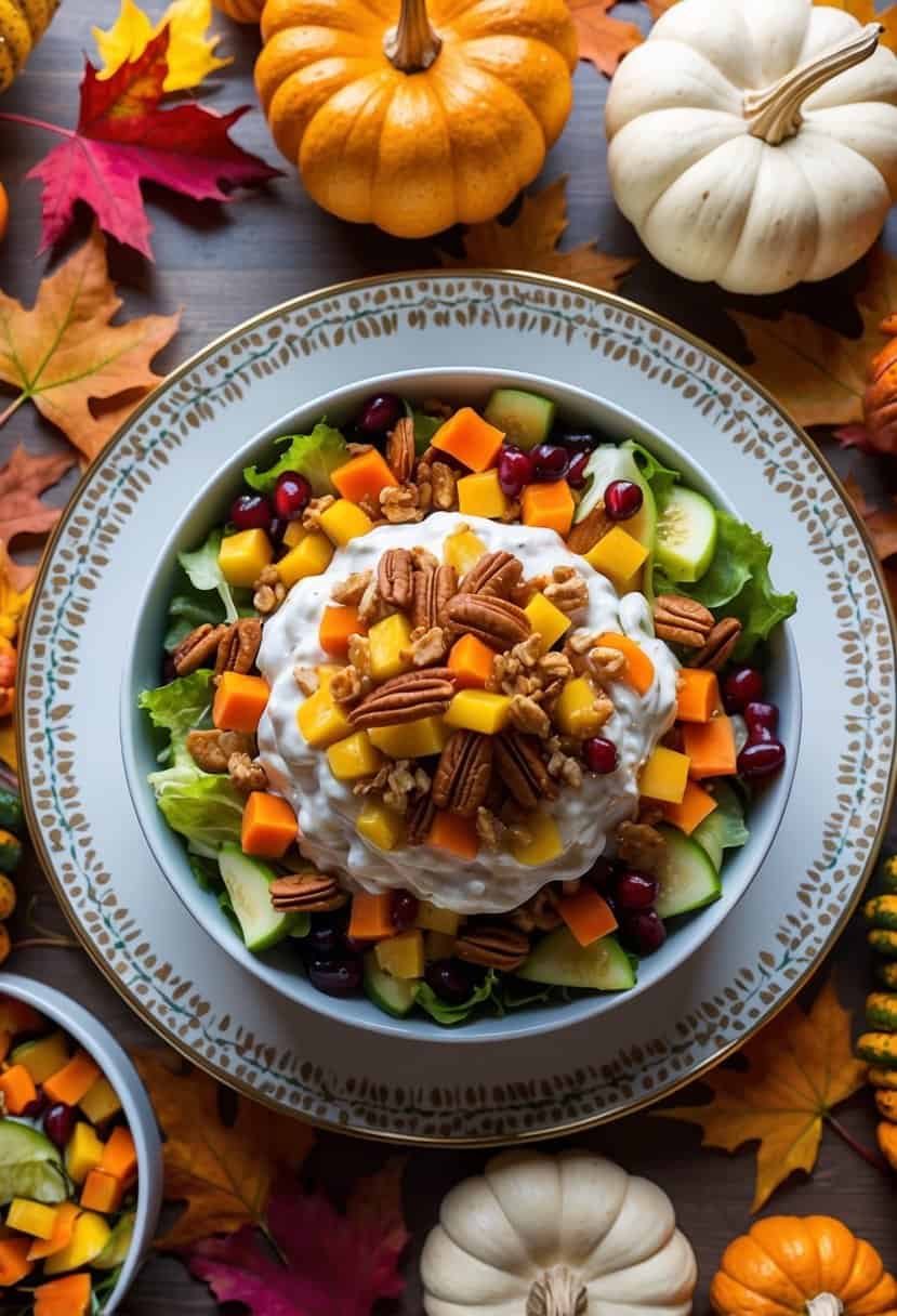 A table set with a colorful array of Thanksgiving dishes including a vibrant Waldorf Salad surrounded by autumn leaves and decorative gourds