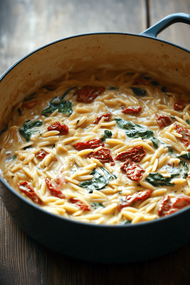 One-Pot Creamy Sun-Dried Tomato and Spinach Orzo