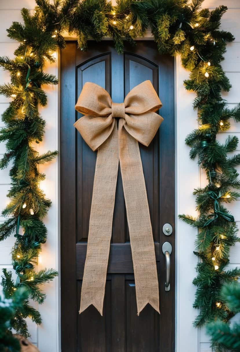 A burlap bow hangs on a rustic door, flanked by evergreen garland and twinkling lights