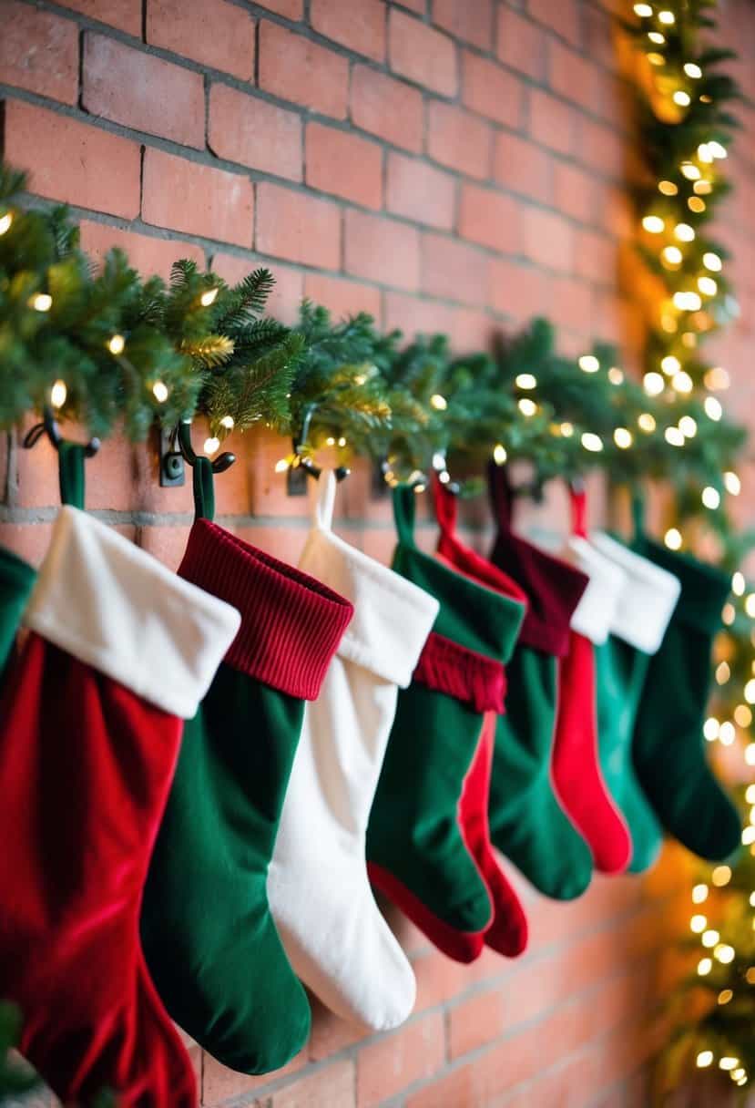A row of festive Christmas stockings hang from hooks on a brick wall, surrounded by twinkling lights and greenery