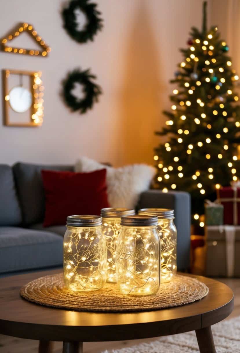 Mason jars filled with fairy lights illuminate a cozy living room adorned with unique and creative Christmas decorations