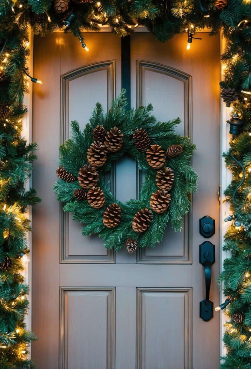 A festive wreath adorned with pine cones hangs on a rustic front door, surrounded by twinkling lights and greenery