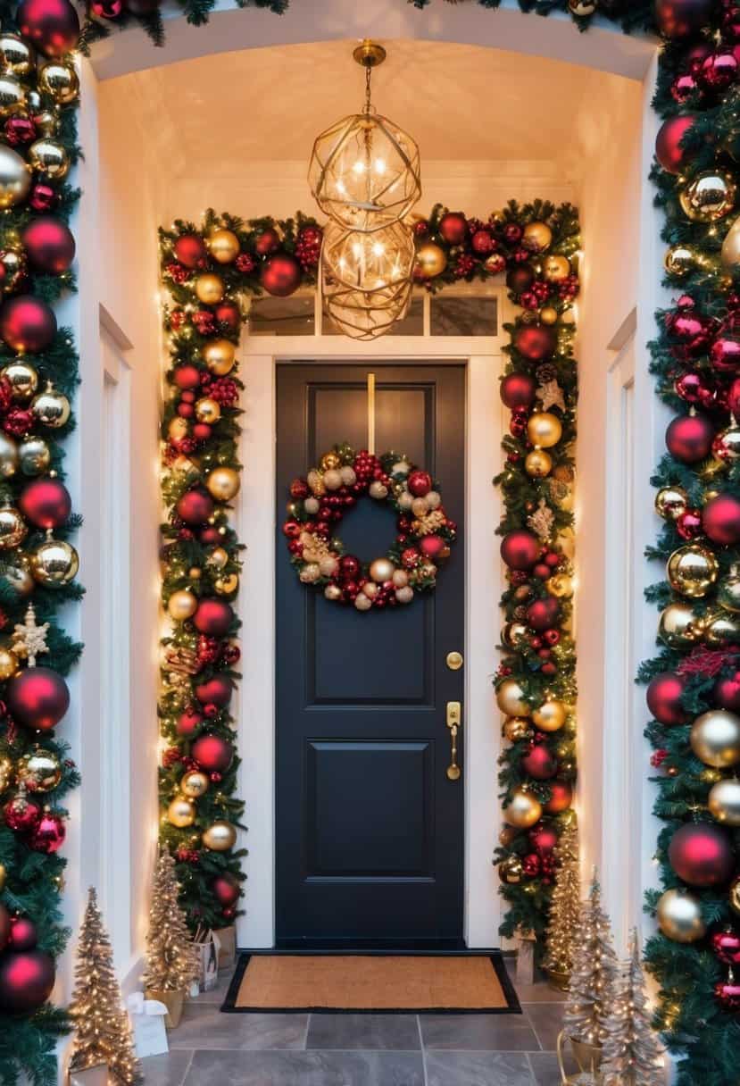 A festive entryway with hanging bauble clusters adorning the door frame, creating a warm and inviting Christmas atmosphere