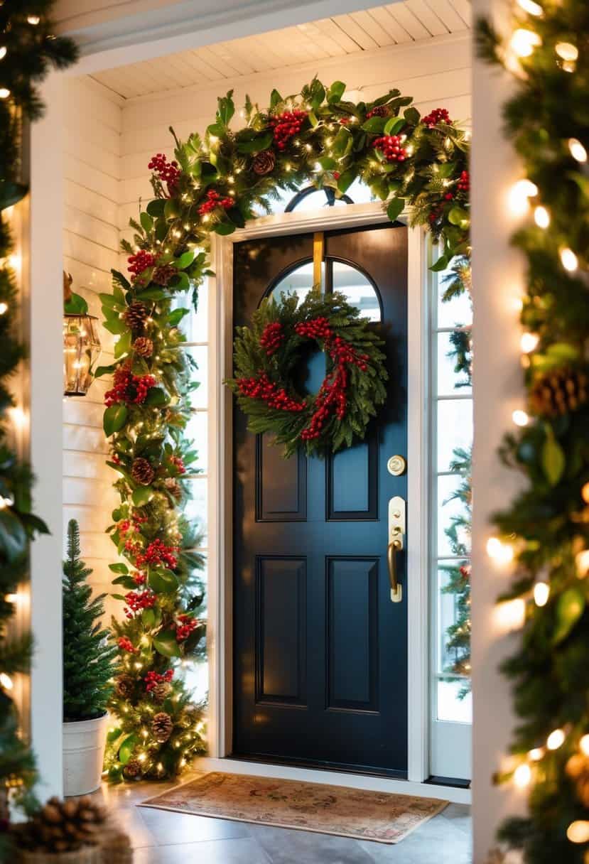 A festive entryway with a holly and berry swag adorning the door, surrounded by twinkling lights and a cozy wreath