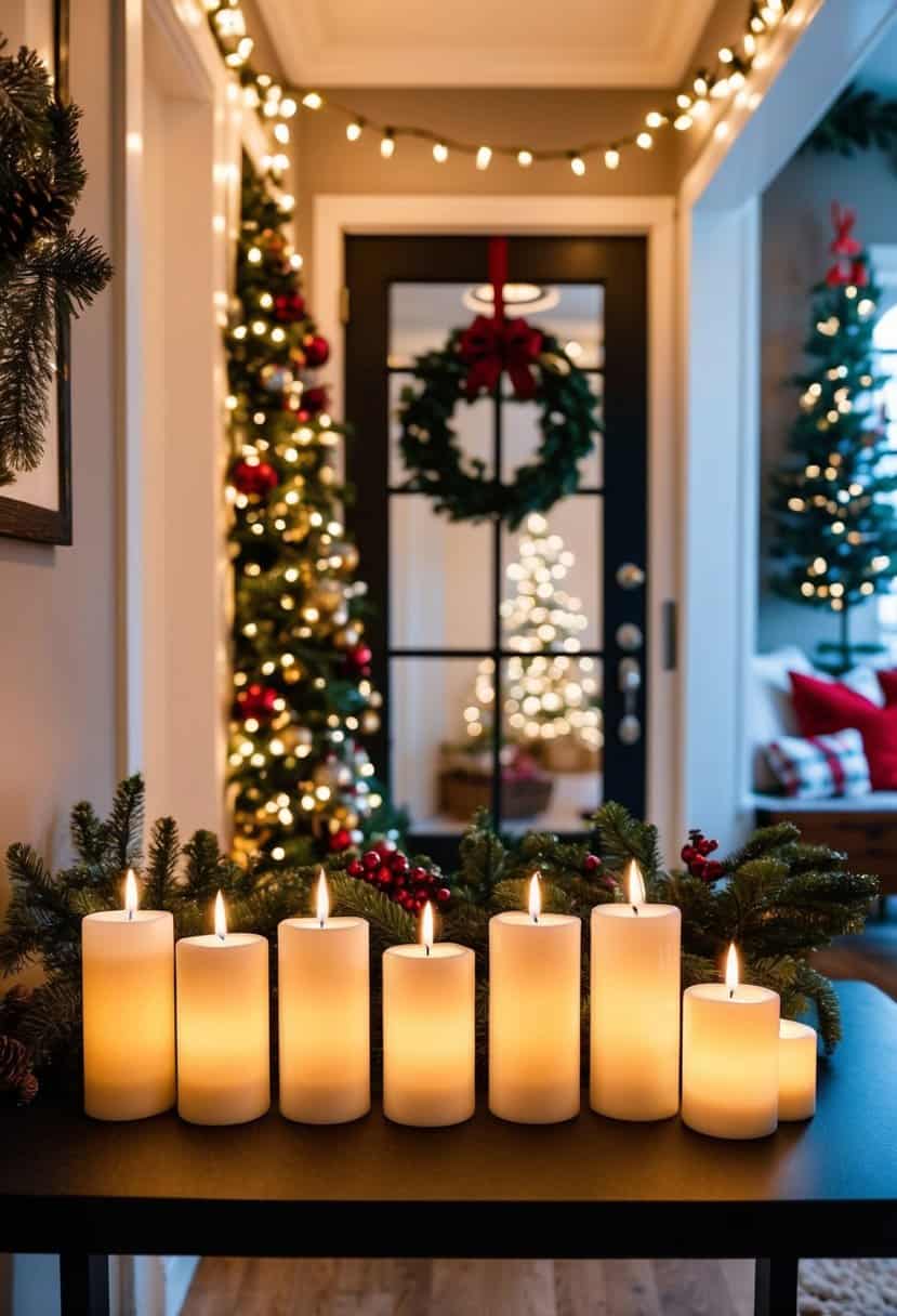 A cozy entryway with a row of LED candles on a table, surrounded by festive Christmas decorations and twinkling lights